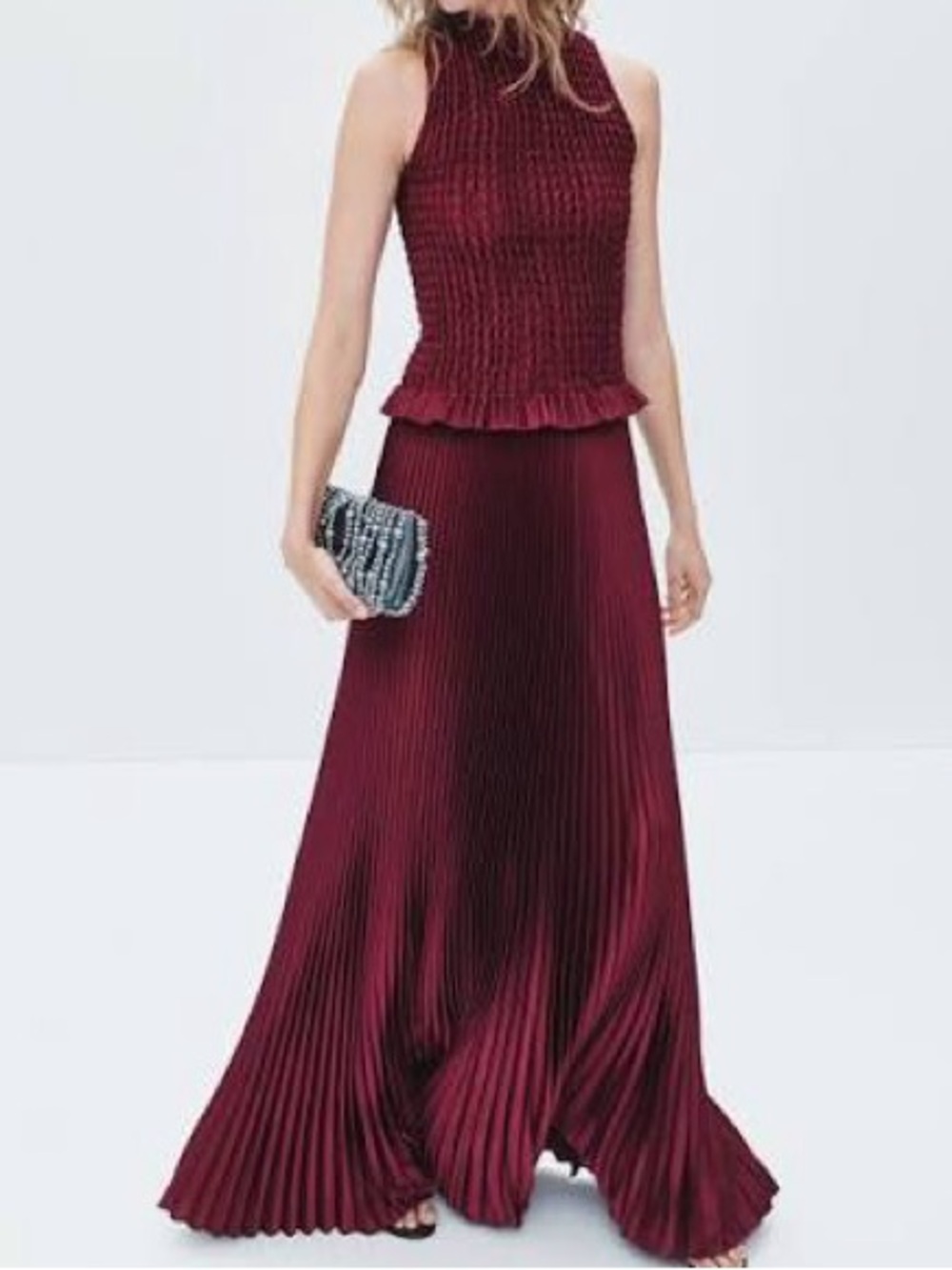 L’IDÉE Bowery Smocked Gown Burgundy Pleated Maxi Dress Formal Wedding Guest